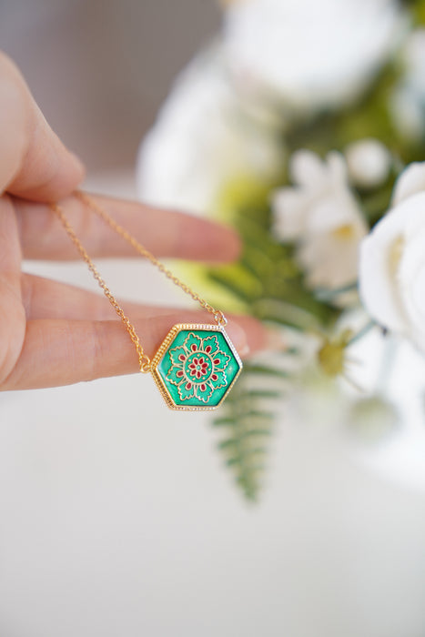 Hexagonal Floral Mandala Necklace with Enamel Detail
