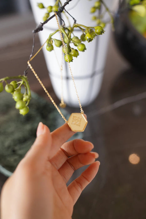 Hexagonal Floral Mandala Necklace with Enamel Detail