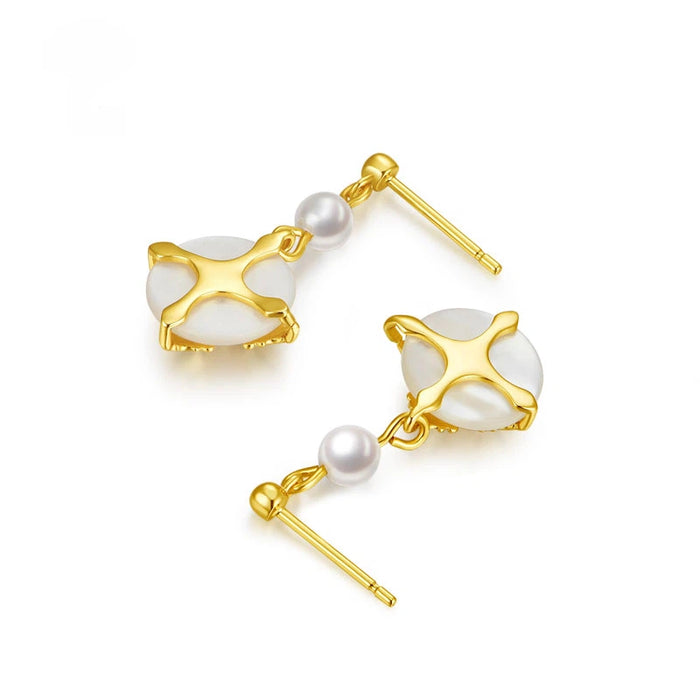 Vintage Cross Motif Pearl & Mother-of-Pearl Drop Earrings
