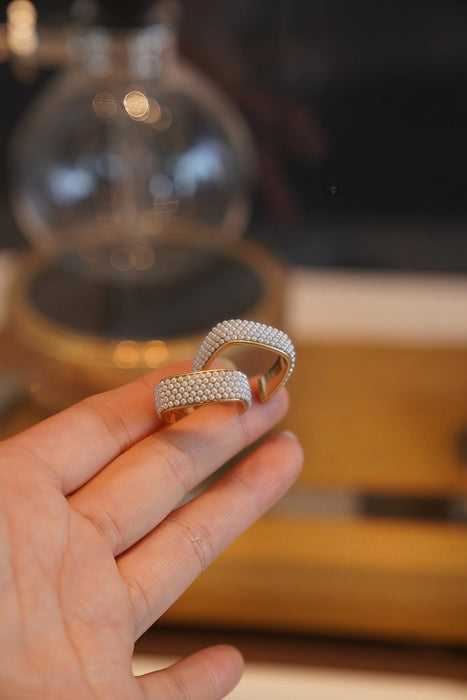 Multi-Row Pearl Statement Hoop Earrings in Gold Alloy - Elevate Your Style