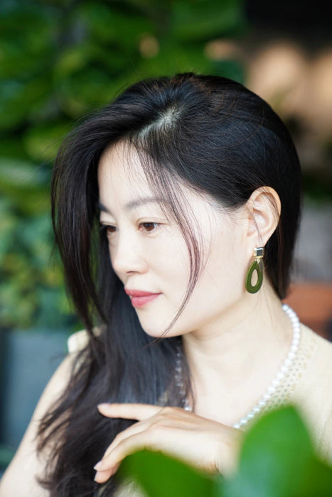 Modern Jade & Shell Earrings with Ancient Chinese Pattern