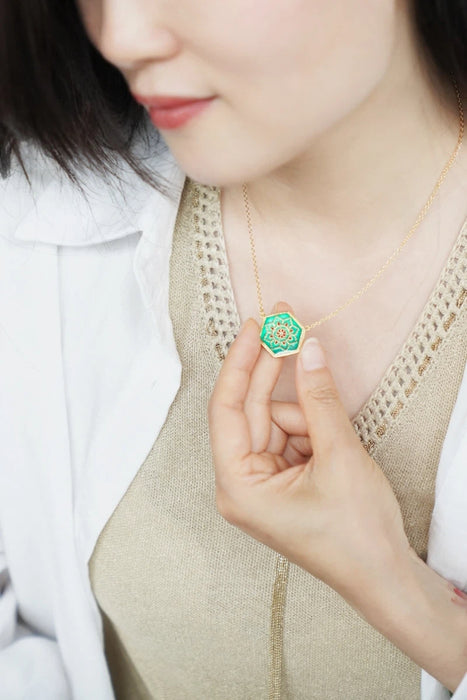 Hexagonal Floral Mandala Necklace with Enamel Detail