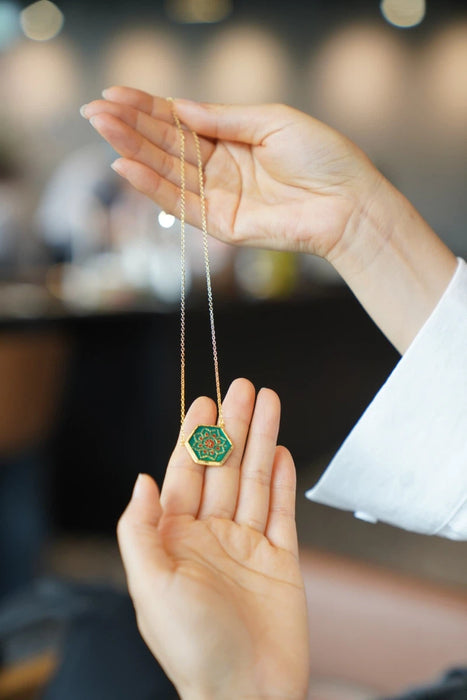 Hexagonal Floral Mandala Necklace with Enamel Detail