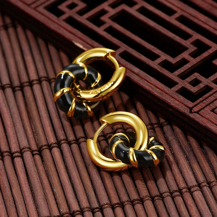 Geometric Black Enamel & Gold Drop Earrings
