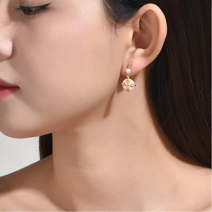 Vintage Cross Motif Pearl & Mother-of-Pearl Drop Earrings