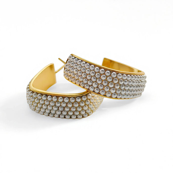 Multi-Row Pearl Statement Hoop Earrings in Gold Alloy - Elevate Your Style