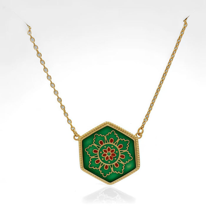 Hexagonal Floral Mandala Necklace with Enamel Detail