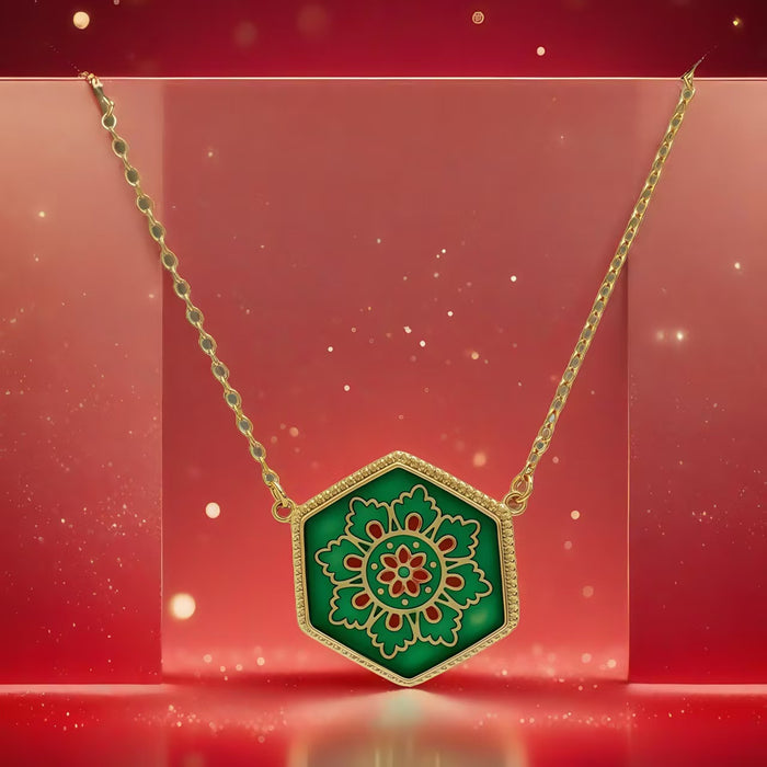 Hexagonal Floral Mandala Necklace with Enamel Detail