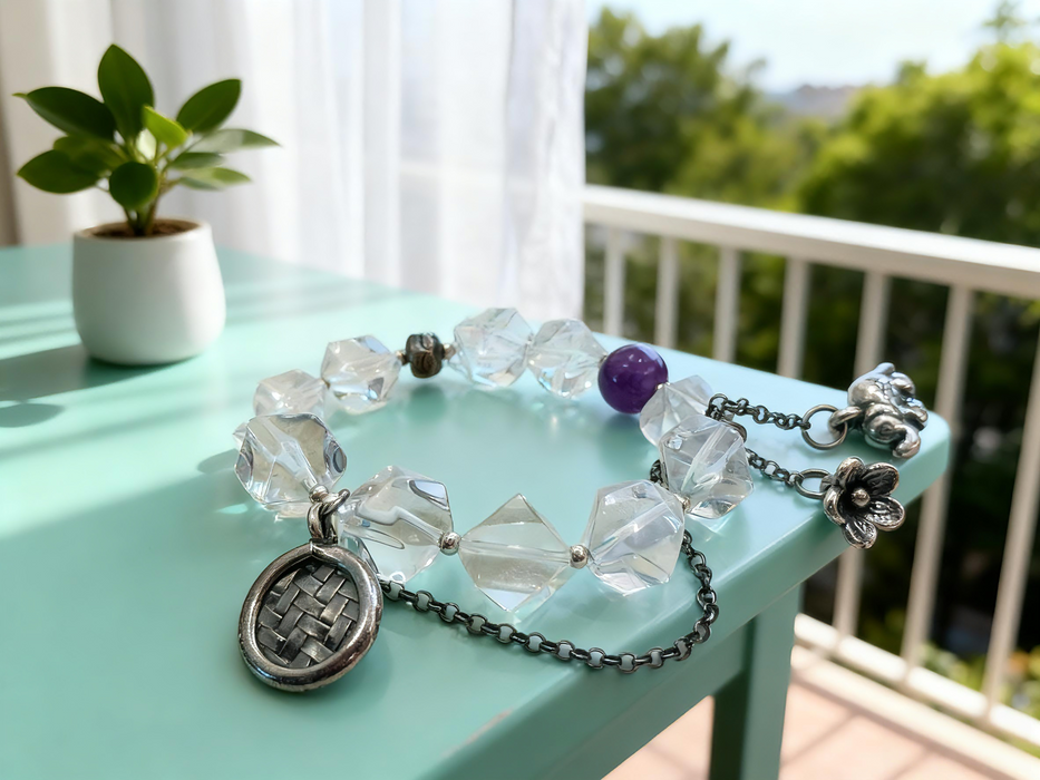 Handmade Natural Clear Quartz & Amethyst Bracelet with Vintage Silver Charms - Boho Crystal Jewelry for Clarity & Positive Energy