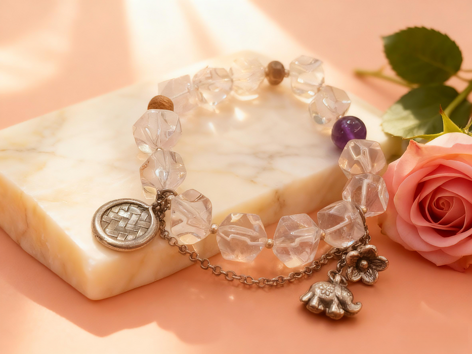 Handmade Natural Clear Quartz & Amethyst Bracelet with Vintage Silver Charms - Boho Crystal Jewelry for Clarity & Positive Energy