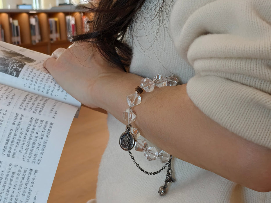 Handmade Natural Clear Quartz & Amethyst Bracelet with Vintage Silver Charms - Boho Crystal Jewelry for Clarity & Positive Energy