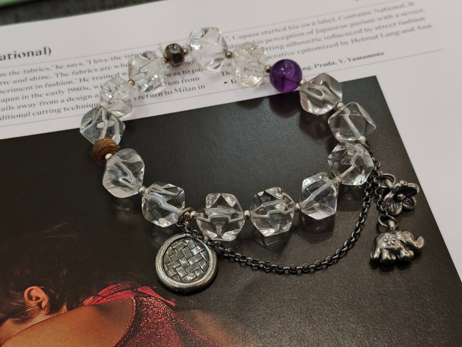 Handmade Natural Clear Quartz & Amethyst Bracelet with Vintage Silver Charms - Boho Crystal Jewelry for Clarity & Positive Energy