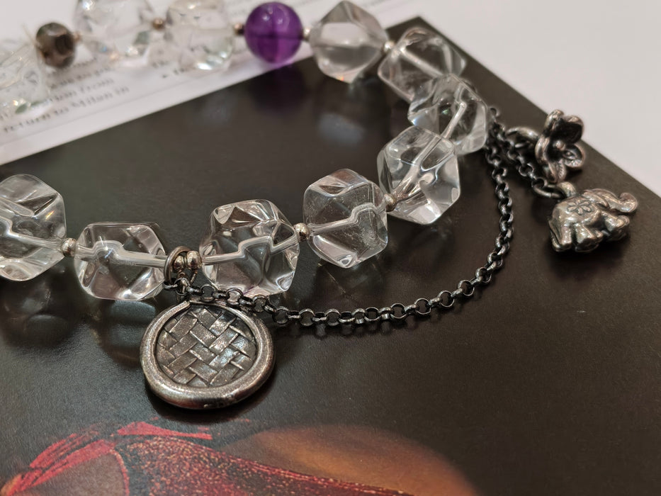 Handmade Natural Clear Quartz & Amethyst Bracelet with Vintage Silver Charms - Boho Crystal Jewelry for Clarity & Positive Energy