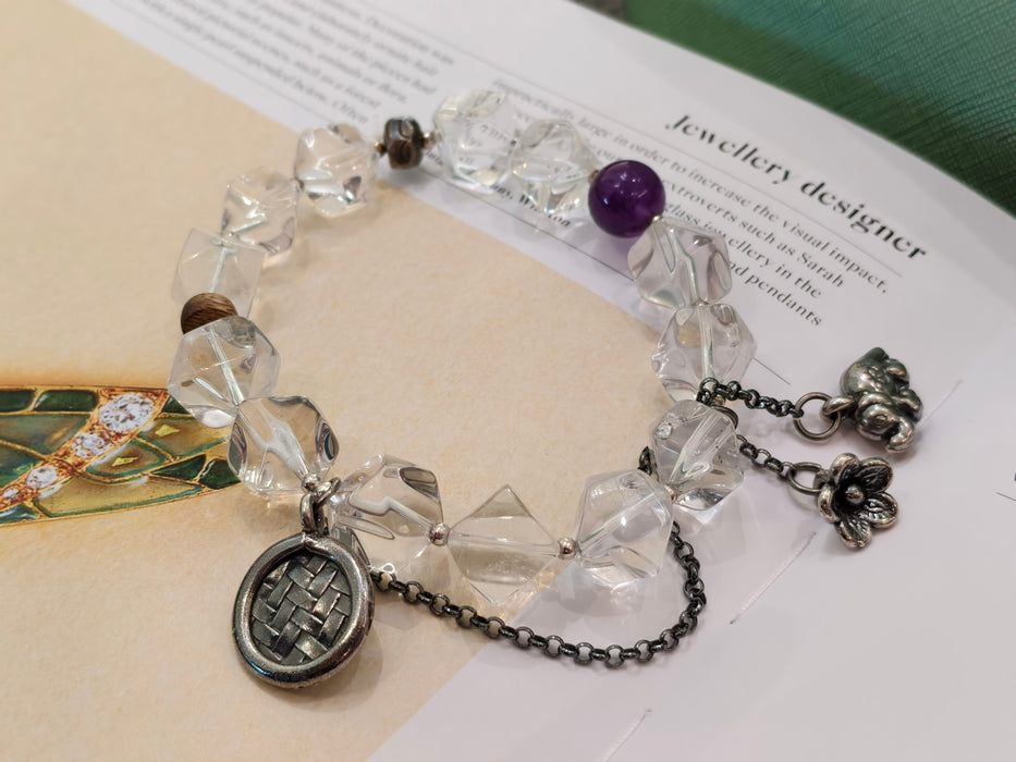Handmade Natural Clear Quartz & Amethyst Bracelet with Vintage Silver Charms - Boho Crystal Jewelry for Clarity & Positive Energy