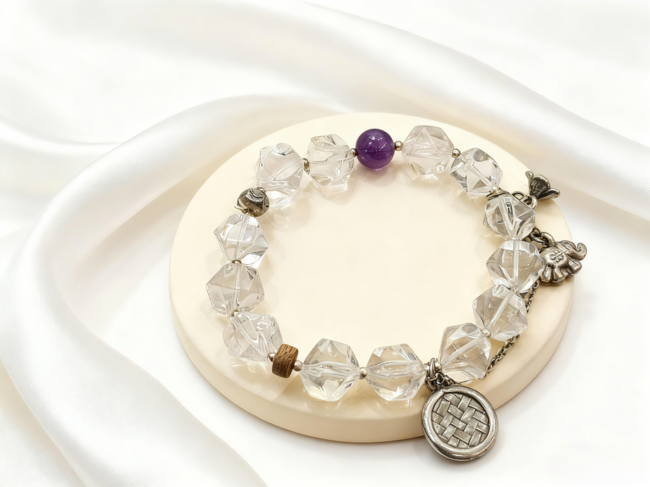 Handmade Natural Clear Quartz & Amethyst Bracelet with Vintage Silver Charms - Boho Crystal Jewelry for Clarity & Positive Energy